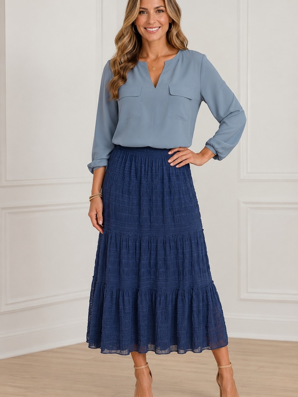 Jones New York XL Blue V-Neck Pocket Blouse Career Office Top